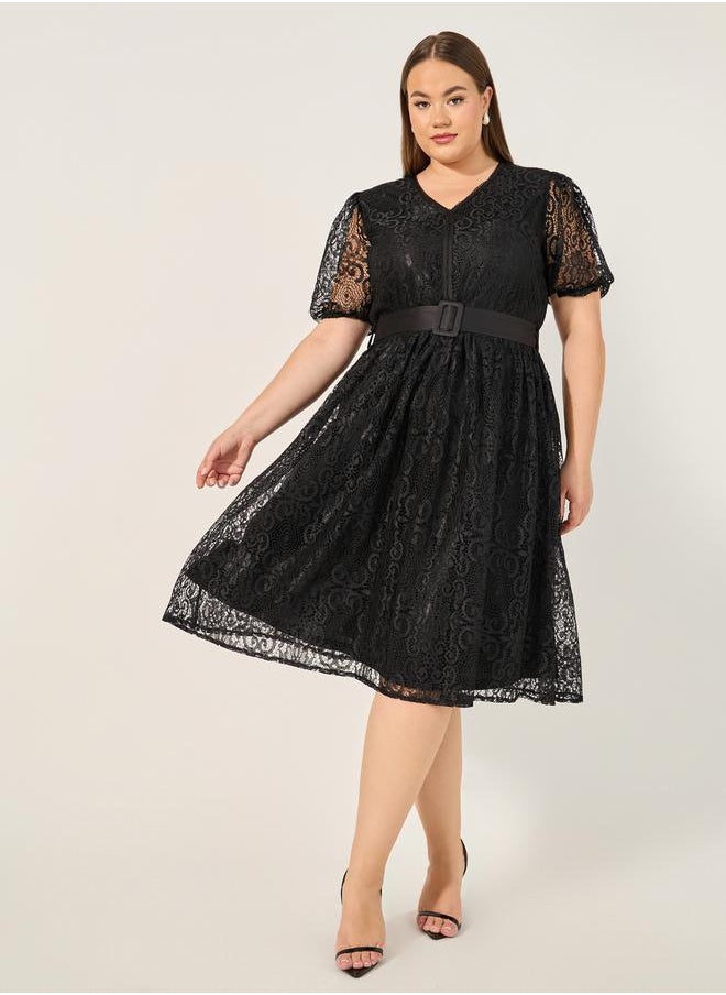 Styli - Plus Size Lace Puff Sleeve Belted Midi Dress - Image 1