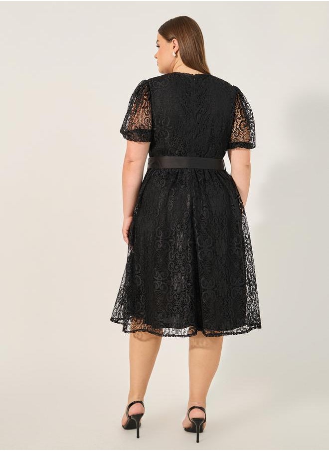 Styli - Plus Size Lace Puff Sleeve Belted Midi Dress - Image 1