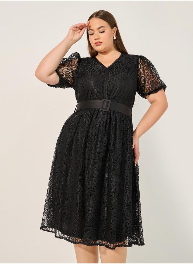 Styli - Plus Size Lace Puff Sleeve Belted Midi Dress - Image 1