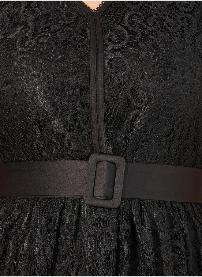 Styli - Plus Size Lace Puff Sleeve Belted Midi Dress - Image 1