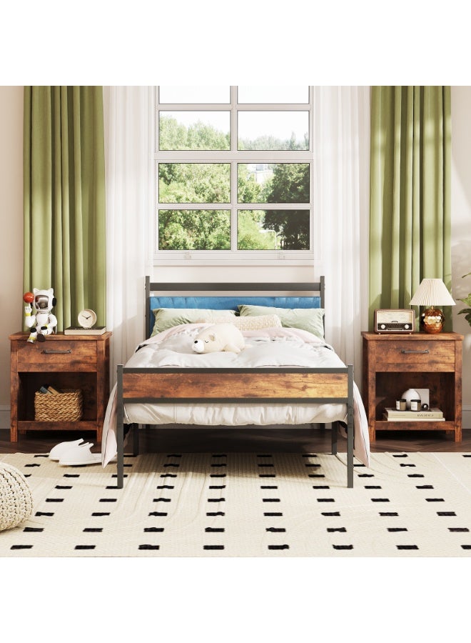 ACPLAY Twin Metal Bed Frame with Blue Upholstered Headboard, Heavy Duty Platform Holds up to 770 lbs, Rustic Brown Wood Style, Noise-Free, No Box Spring Needed, Easy Assembly - Image 2