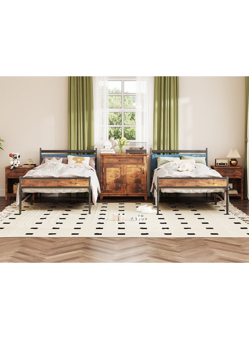 ACPLAY Twin Metal Bed Frame with Blue Upholstered Headboard, Heavy Duty Platform Holds up to 770 lbs, Rustic Brown Wood Style, Noise-Free, No Box Spring Needed, Easy Assembly - Image 4