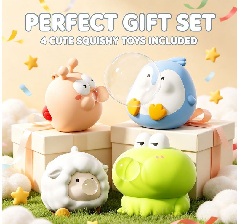 Pack of 4 Spit Bubble Squishy Fidget Toy Set, Cute Penguin Sheep Frog Alien Slow Rising Stress Relief Squeeze Doll, Anti-Anxiety Vent Desktop Gift for Kids  Adults - Image 1