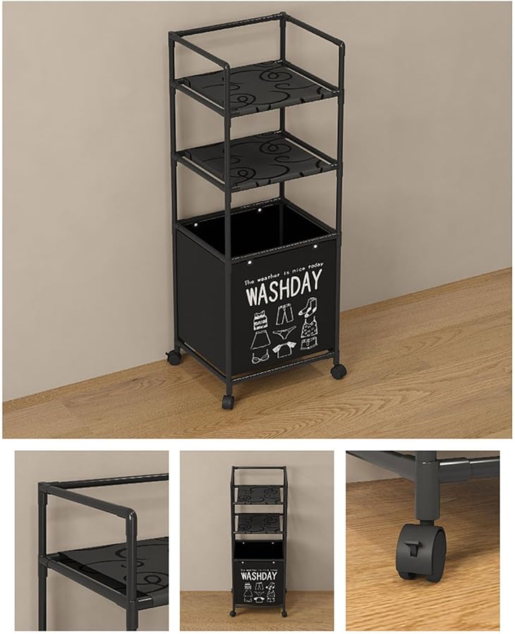 سلة غسيل سوداء ثلاثية الطبقات قابلة للطي مع أرفف قابلة للإزالة وإطار معدني قابل للطي - Image 4