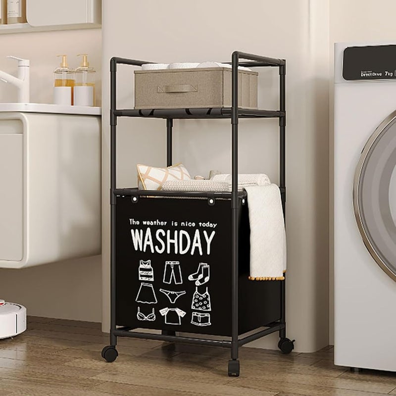 سلة غسيل سوداء ثلاثية الطبقات قابلة للطي مع أرفف قابلة للإزالة وإطار معدني قابل للطي - Image 5