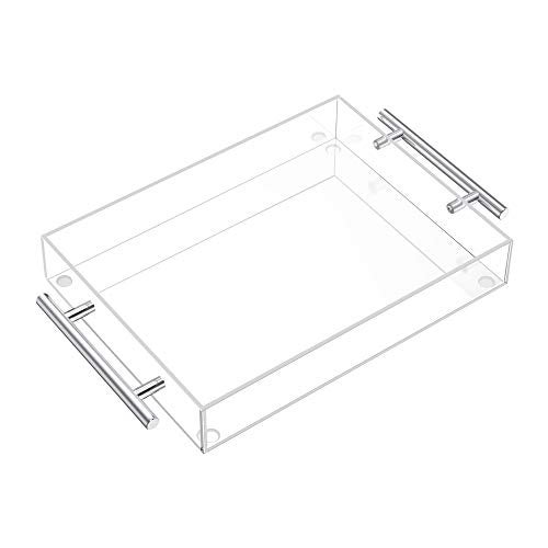 Richboom Clear Acrylic Serving Tray 16"x12" - Coffee Table Living Room Kitchen Decorative Tray with Silver Metal Handles, Bathroom Vanity Tray Perfume Cosmetic Storage Organizer - Image 1