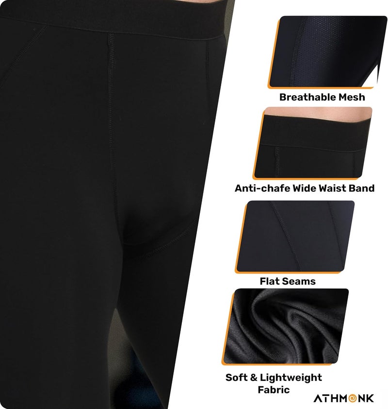 Athmonk Compression Nylon Lycra Lower Leggings Tights Yoga Pants for Men Boys - Workout Gym Exercise Running Cycling Training - Full Leg Sleeves - Cold Weather Sports Inner - Skinny Fit - Image 2