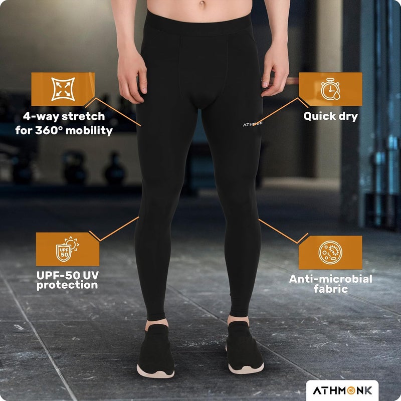 Athmonk Compression Nylon Lycra Lower Leggings Tights Yoga Pants for Men Boys - Workout Gym Exercise Running Cycling Training - Full Leg Sleeves - Cold Weather Sports Inner - Skinny Fit - Image 3