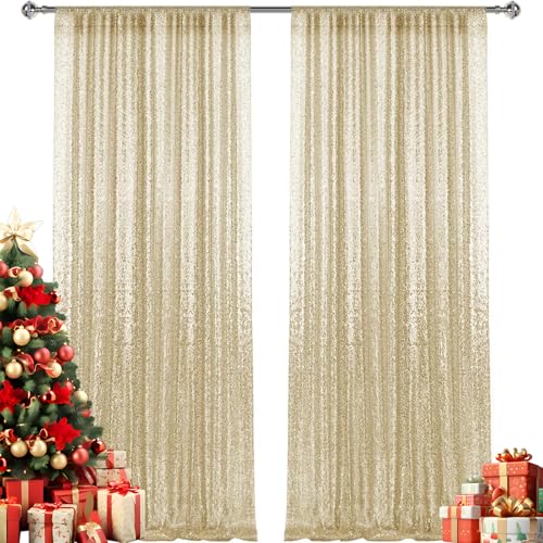Pufogu 2×8FT-2PCS Champagne Gold Sequin Backdrop Curtains Panels, Photography Backdrop Glitter Curtains Fabric Background for Christmas Wedding Party Decor - Image 1