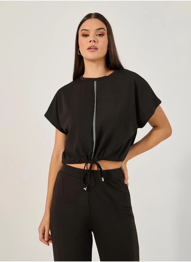 Styli Solid Crop Top and Wide Leg Pants Set