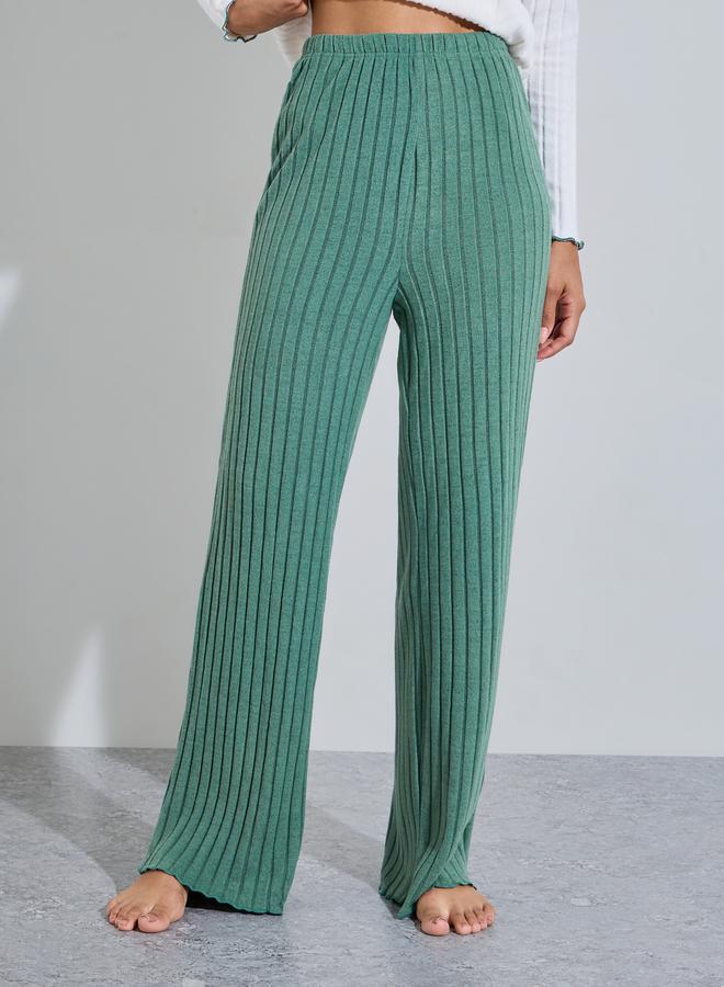 Styli Green Ribbed Heart Print Boat Neck Top and Solid Pants Pyjama Set - Image 4