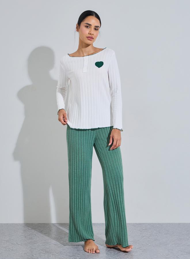Styli Green Ribbed Heart Print Boat Neck Top and Solid Pants Pyjama Set - Image 1