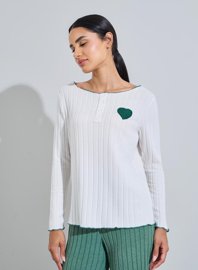 Styli Green Ribbed Heart Print Boat Neck Top and Solid Pants Pyjama Set - Image 2