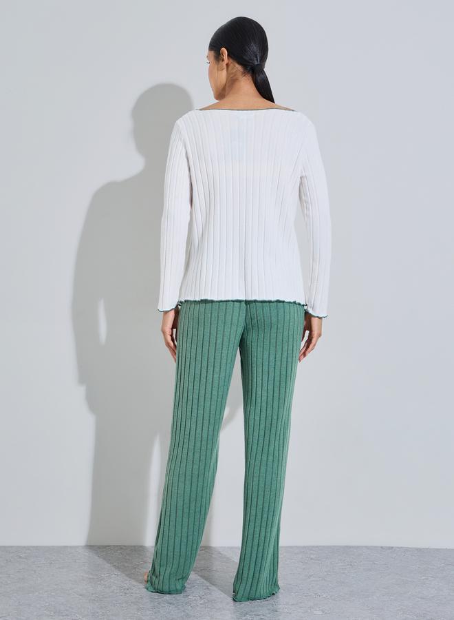 Styli Green Ribbed Heart Print Boat Neck Top and Solid Pants Pyjama Set - Image 5