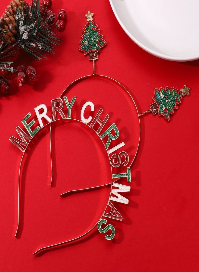 boderier Christmas Headbands for Women Beaded Christmas Tree Headband Glitter MERRY CHRISTMASS Tiara Headband Xmas Festive Party Hair Accessories Gifts - Image 2