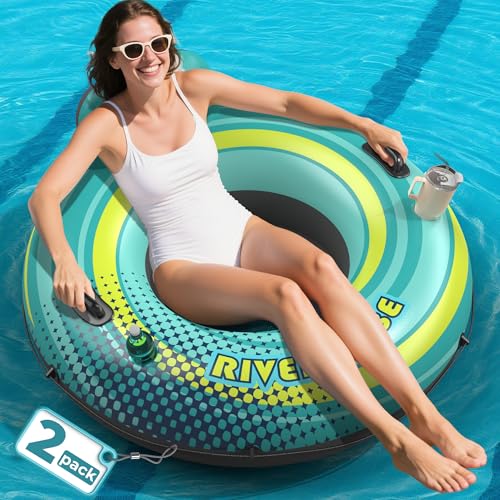 POOLACC 2 Pack 53 Heavy Duty River Tube Float for AdultsInflatable River Raft Float for Pool Lake Beach with Builtin Cup HoldersErgonomic BackrestDurable Grip Handles Grab Rope360Lb Weight Capacity - Image 1