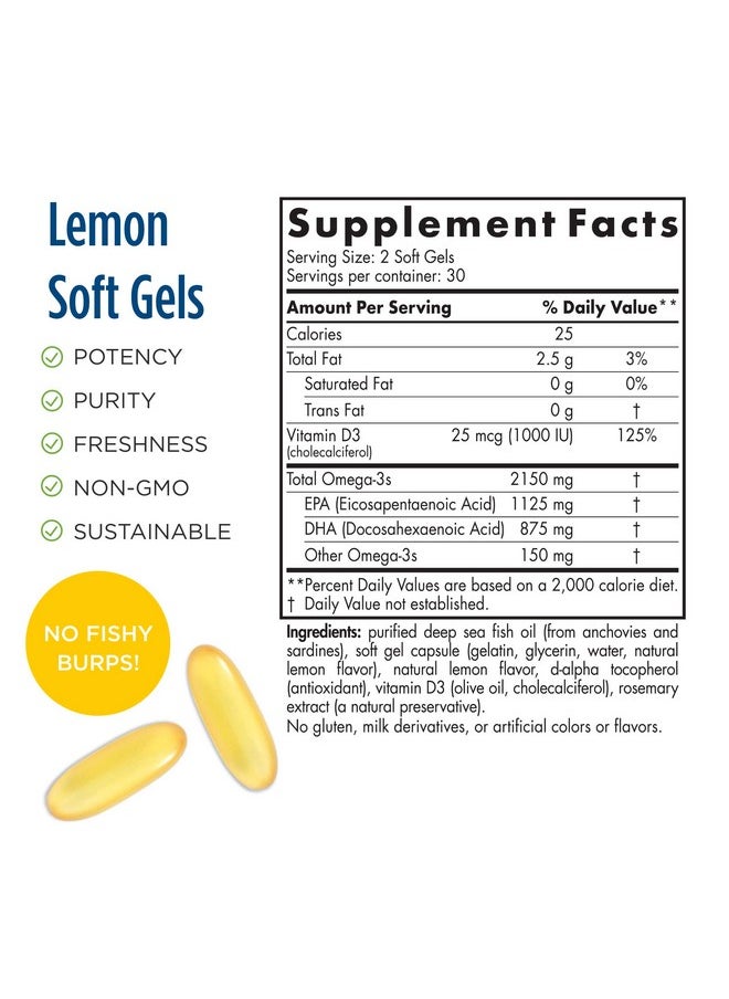 NORDIC NATURALS - Proomega 2000D Fish Oil 1125 Mg Epa 875 Mg Dha 1000 Iu Vitamin D3 Cardiovascular Neurological Eye And Immune Health Lemon Flavor 60 Soft Gels - Image 1