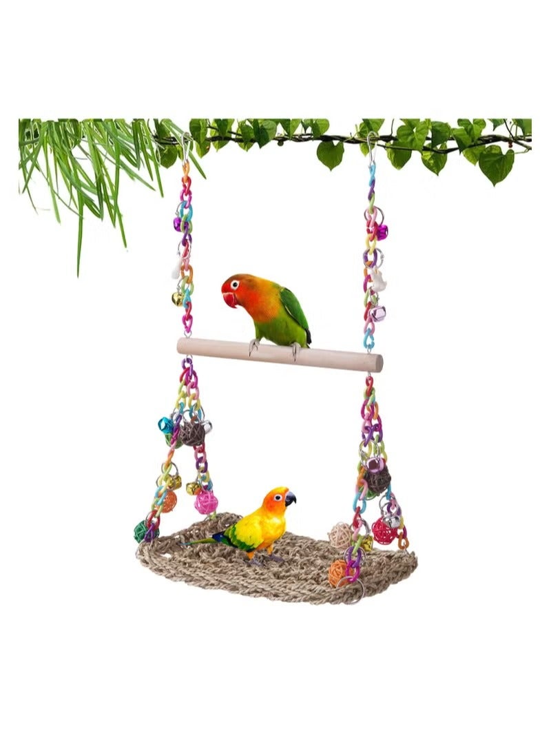 Bird Swing Toys with Wood Perch, Seagrass Woven Parrot Platform Bird Climbing Hanging Hammock Bird Perch Stand Chewing Toy - Image 1