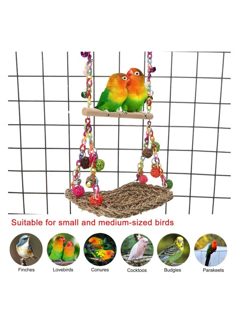 Bird Swing Toys with Wood Perch, Seagrass Woven Parrot Platform Bird Climbing Hanging Hammock Bird Perch Stand Chewing Toy - Image 3