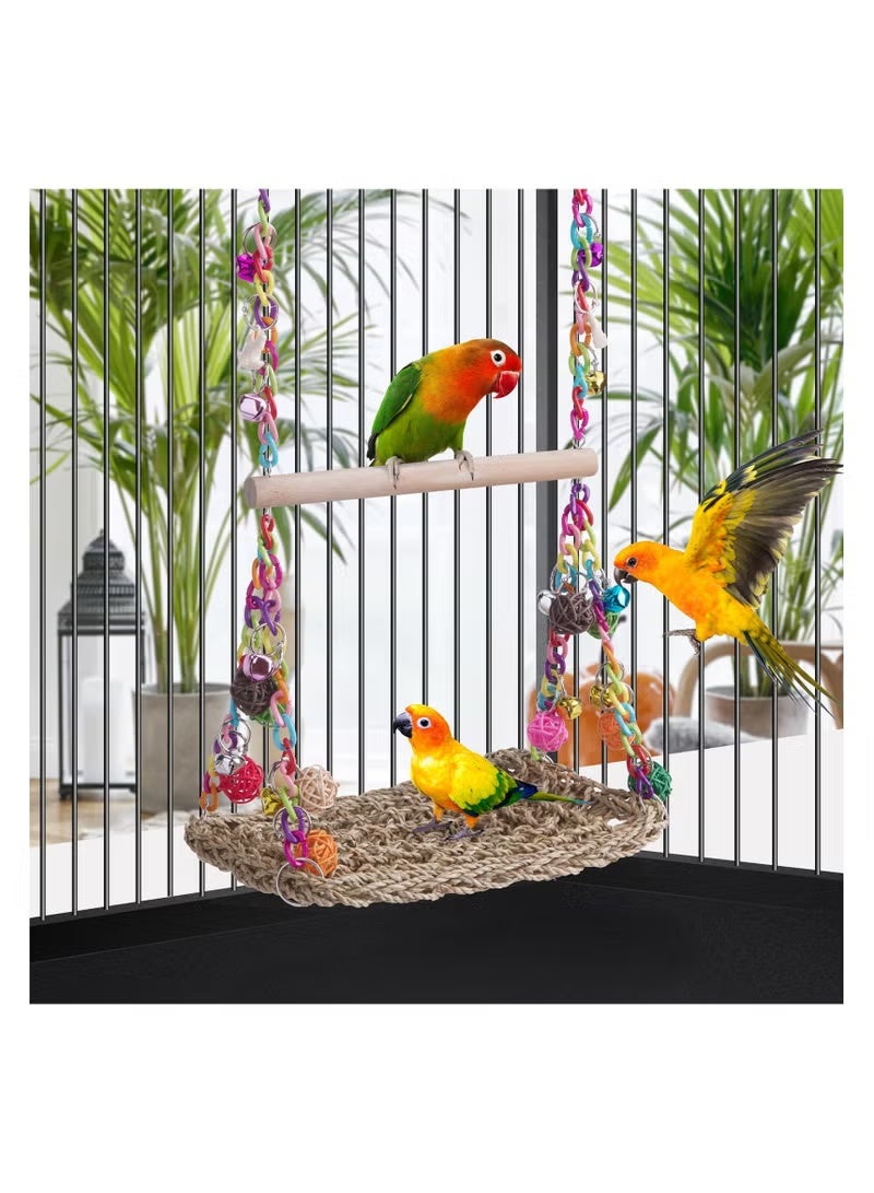 Bird Swing Toys with Wood Perch, Seagrass Woven Parrot Platform Bird Climbing Hanging Hammock Bird Perch Stand Chewing Toy - Image 2
