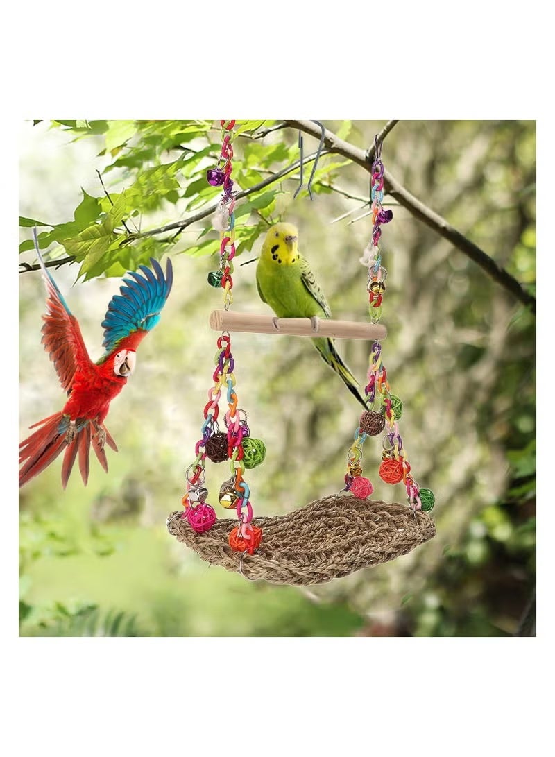 Bird Swing Toys with Wood Perch, Seagrass Woven Parrot Platform Bird Climbing Hanging Hammock Bird Perch Stand Chewing Toy - Image 4
