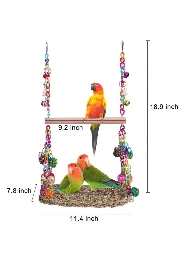 Bird Swing Toys with Wood Perch, Seagrass Woven Parrot Platform Bird Climbing Hanging Hammock Bird Perch Stand Chewing Toy - Image 5