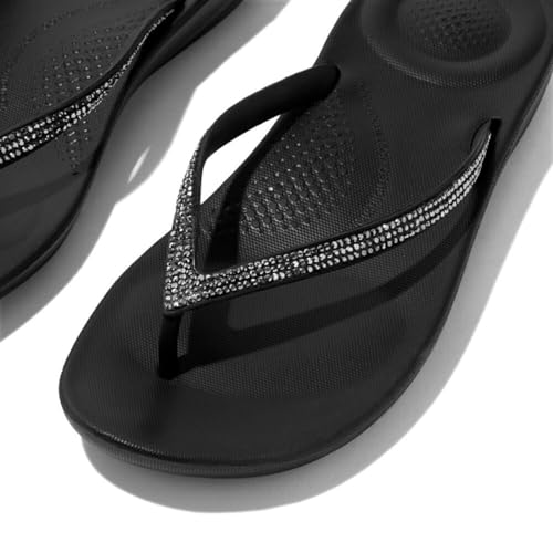 FitFlop Women's iQushion Sparkle Ergonomic Flip Flops for Walking, Lightweight Waterproof Cushioned Thong Sandals for Women, Non Slip Bottom and Arch Support, Rubber Beach Sandal, Black, 10 US - Image 4