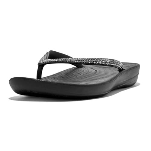 FitFlop Women's iQushion Sparkle Ergonomic Flip Flops for Walking, Lightweight Waterproof Cushioned Thong Sandals for Women, Non Slip Bottom and Arch Support, Rubber Beach Sandal, Black, 10 US - Image 1