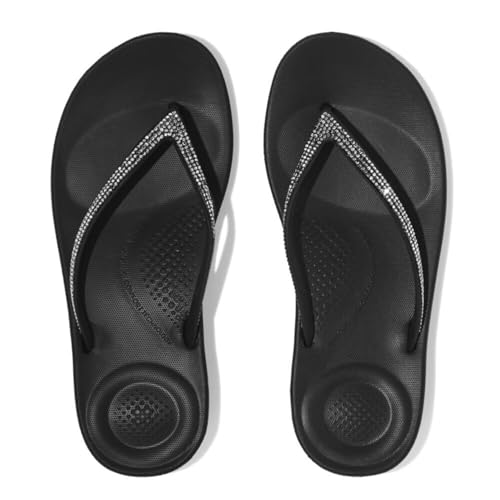 FitFlop Women's iQushion Sparkle Ergonomic Flip Flops for Walking, Lightweight Waterproof Cushioned Thong Sandals for Women, Non Slip Bottom and Arch Support, Rubber Beach Sandal, Black, 10 US - Image 2