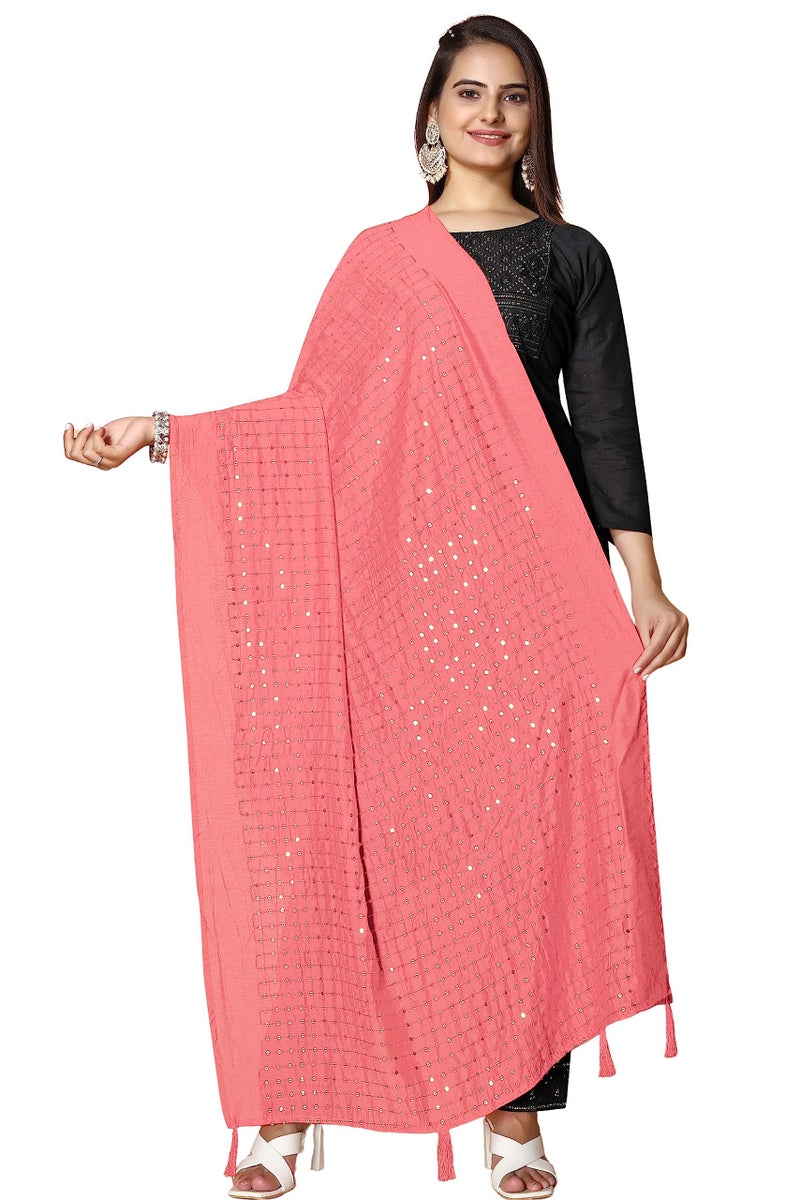 KEMZA Women's Embroidered Mirror Cotton Dupatta (Peach_Free size) with Rajasthani Aari Work - Image 1