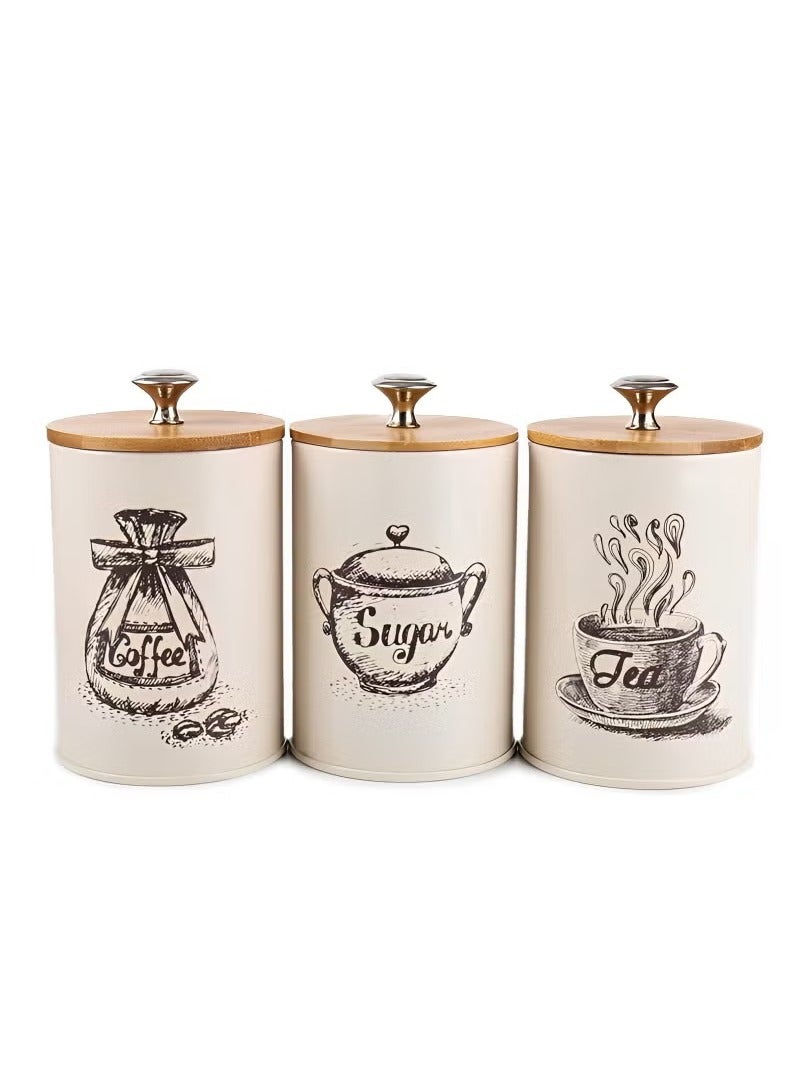 3-Piece Vintage Airtight Kitchen Containers Decorations with Lids Portable Coffee Tea Sugar Set Metal Canister Can Pot Decorative Kitchen Canister Jars Food Storage (Beige) - Image 1