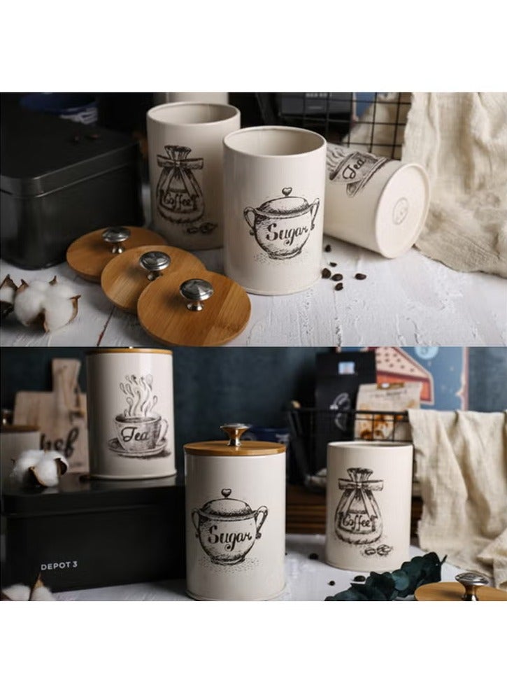3-Piece Vintage Airtight Kitchen Containers Decorations with Lids Portable Coffee Tea Sugar Set Metal Canister Can Pot Decorative Kitchen Canister Jars Food Storage (Beige) - Image 5