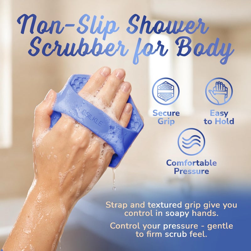 SILKLE Silicone Body Scrubber â€“ Gentle Exfoliating Shower Scrubber for Body & Bath, Silicone Shower Brush & Loofah Alternative â€“ Non-Slip Silicone Body Brush, Quick Dry, Hygienic - Blue - Image 4