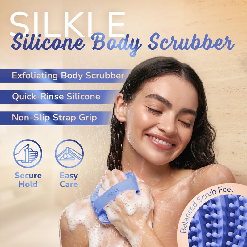 SILKLE Silicone Body Scrubber â€“ Gentle Exfoliating Shower Scrubber for Body & Bath, Silicone Shower Brush & Loofah Alternative â€“ Non-Slip Silicone Body Brush, Quick Dry, Hygienic - Blue - Image 2