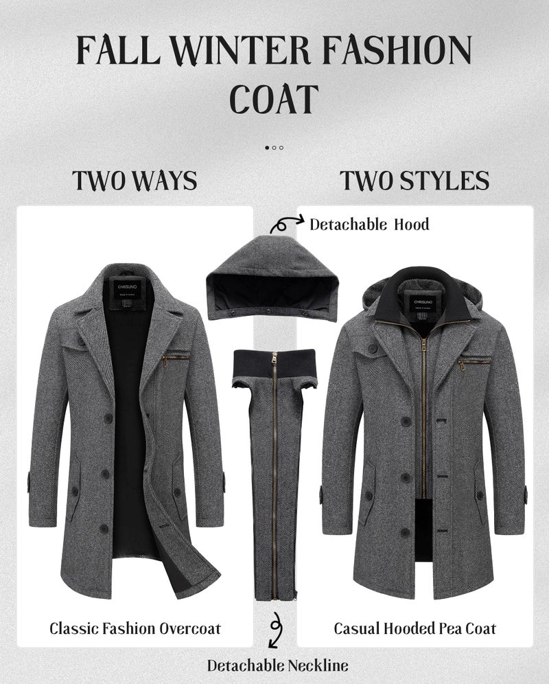Chrisuno Mens Wool Jacket Men's Trench Rain Coats Dress Pea Coat Men Blend Single Breasted Notch Lapel Classic Top Peacoat Dark Grey 2XL - Image 5