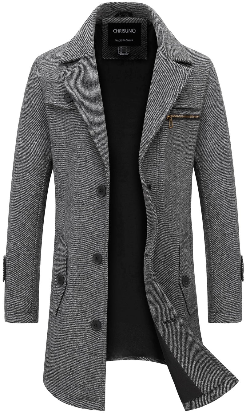 Chrisuno Mens Wool Jacket Men's Trench Rain Coats Dress Pea Coat Men Blend Single Breasted Notch Lapel Classic Top Peacoat Dark Grey 2XL - Image 3