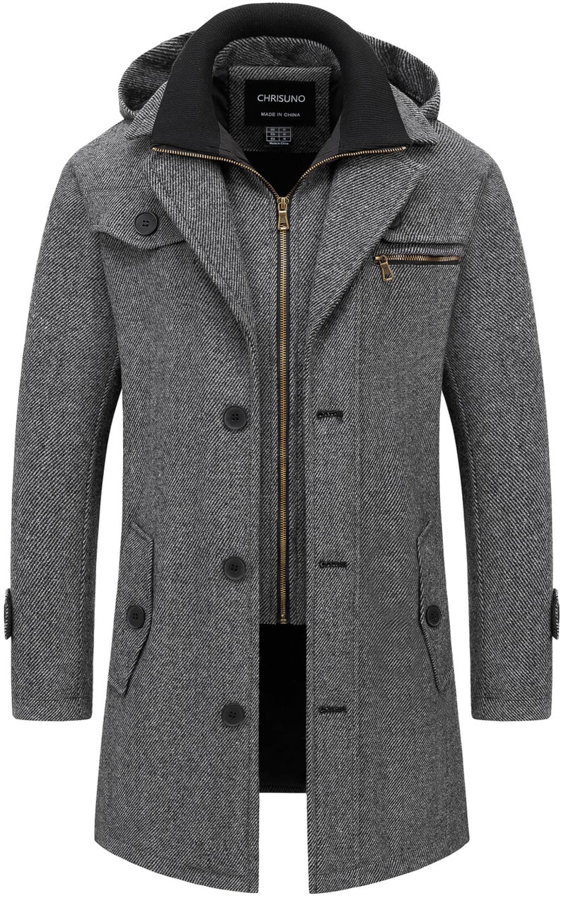 Chrisuno Mens Wool Jacket Men's Trench Rain Coats Dress Pea Coat Men Blend Single Breasted Notch Lapel Classic Top Peacoat Dark Grey 2XL - Image 1