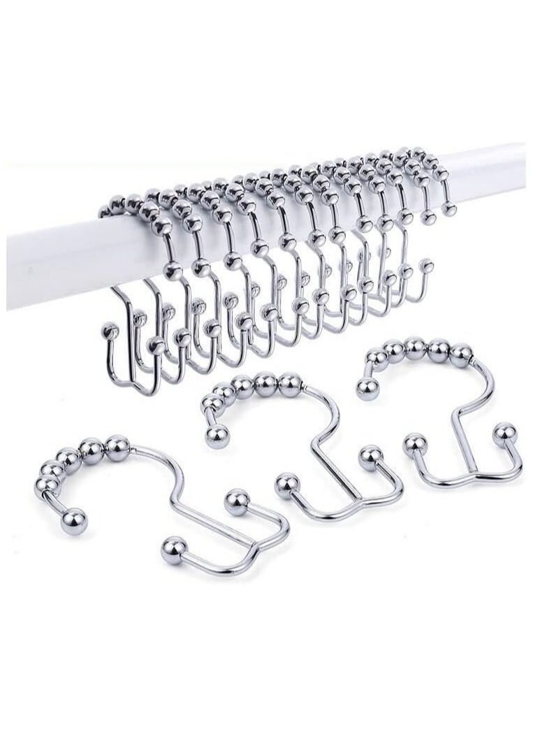 Shower Curtain Hooks Double Glide Stainless Steel Roller Ring Holder Rustproof Metal for Bathroom Shower Curtain Rods (24pcs Silver)