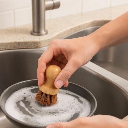 WoCra® Wooden Dish Scrub Brush Pack of 2 | Natural Coir Bristles Kitchen Scrubber Brush for Cleaning Vegetables, Cast Iron, Pots, Pans & Sink | Natural Wooden Kitchen Cleaning Tool - Image 3