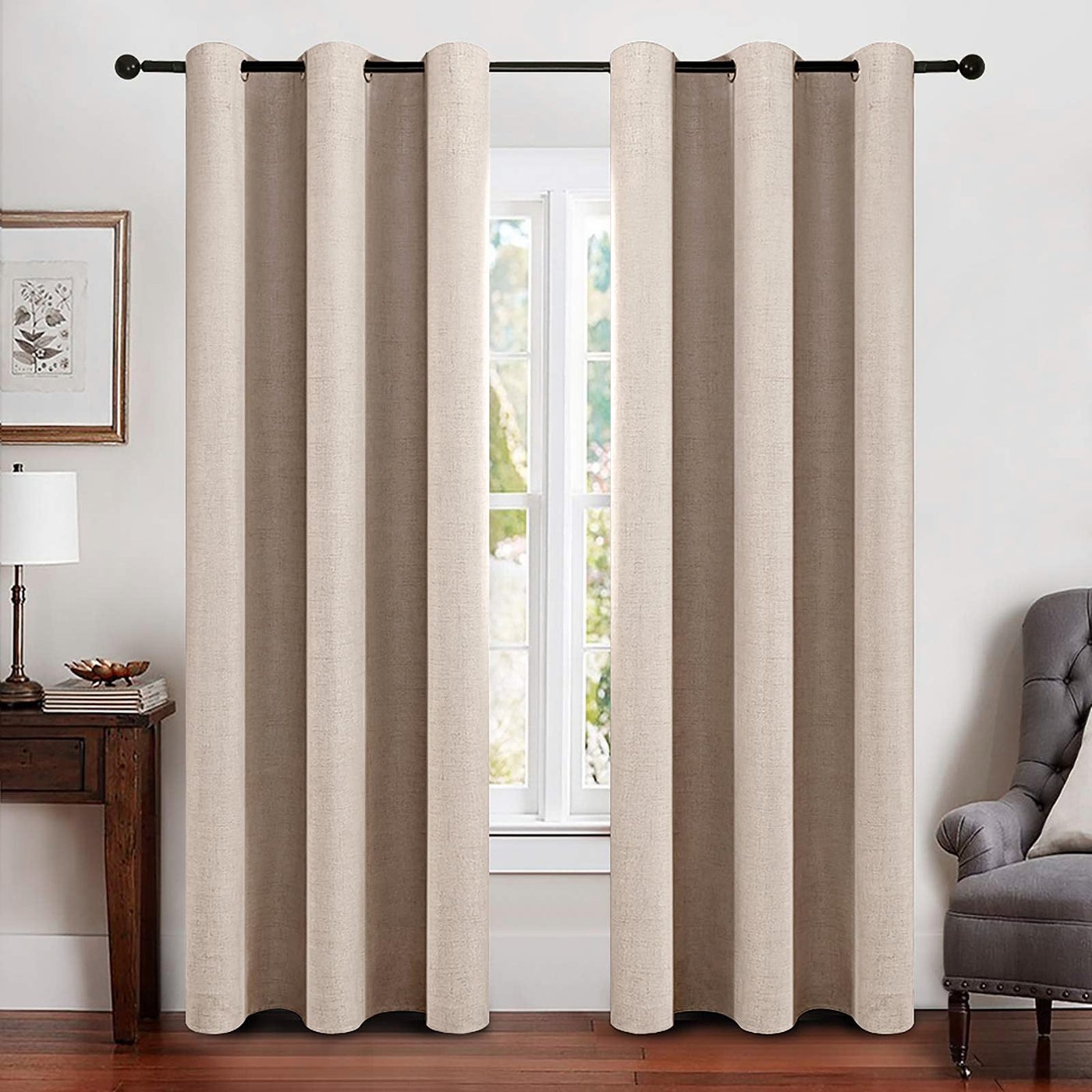 MIULEE 100% Blackout Linen Texture Curtains Soild Thermal Insulated Natural Beige Curtains Grommet Room Darkening Curtains & Drapes for Living Room Bedroom 42 x 84 (2 Panels)