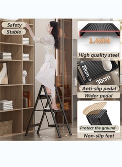 SUNRISE 3 Step Folding Step Stool,Steel Metal Step Stools Non-Slip Pedal,Small Portable Ladder Kitchen Lightweight Home Office Ladders  - Image 2