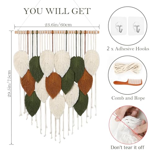 KHOYIME Macrame Wall Hanging Boho Woven Tapestry Chic Home Decor Modern Bohemian Handmade Leaf Feather Wall Art Decorations for Apartment Dorm Living Room Bedroom Nursery Backdrop 236 W X 295 L - Image 3