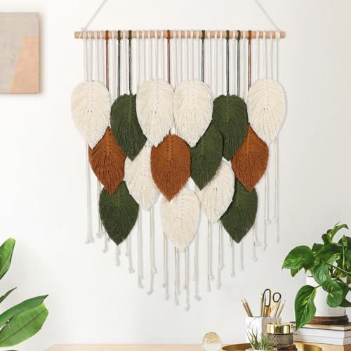 KHOYIME Macrame Wall Hanging Boho Woven Tapestry Chic Home Decor Modern Bohemian Handmade Leaf Feather Wall Art Decorations for Apartment Dorm Living Room Bedroom Nursery Backdrop 236 W X 295 L - Image 1