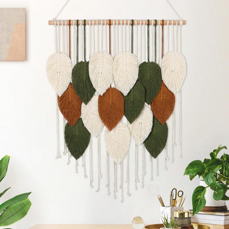 KHOYIME Macrame Wall Hanging Boho Woven Tapestry Chic Home Decor Modern Bohemian Handmade Leaf Feather Wall Art Decorations for Apartment Dorm Living Room Bedroom Nursery Backdrop 236 W X 295 L - Image 2