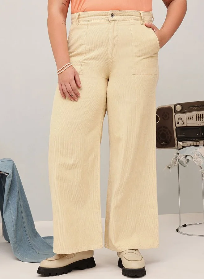CURVY STREET Cream Corduroy Trousers for Women