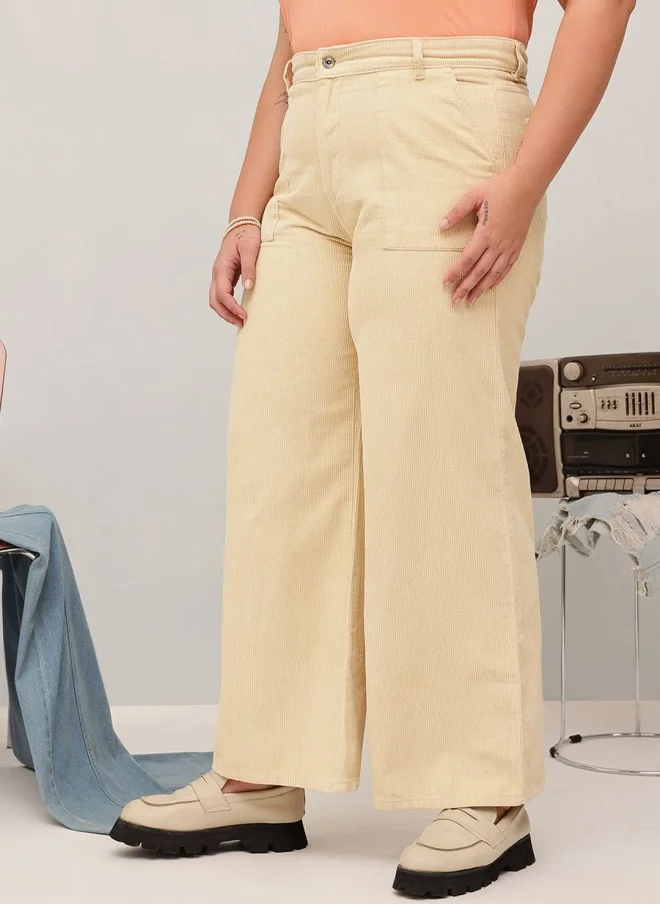 CURVY STREET Cream Corduroy Trousers for Women
