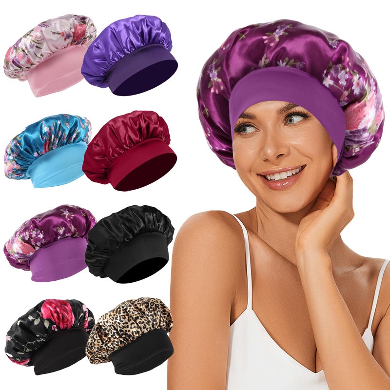 LEADUWAY 8Pcs Satin Bonnet Silk Bonnet, Hair Bonnet for Sleeping, Elastic Wide Band Silk Sleep Cap, Soft and Breathable - Image 1