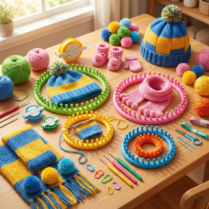 LOVEINUSA 12PCS Knitting Loom and Pompom Maker Set, Round Pom Pom Makers Hook Needles Knitting Crochet Kit for Hat Scarf Shawl Sweater Socks - Image 3
