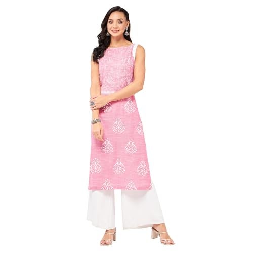 Pannkh Women's Sleeveless Printed Cotton Chambray Kurta Lightweight Ethnic Kurti for Summer Soft Fabric and Comfortable Fit - Image 1