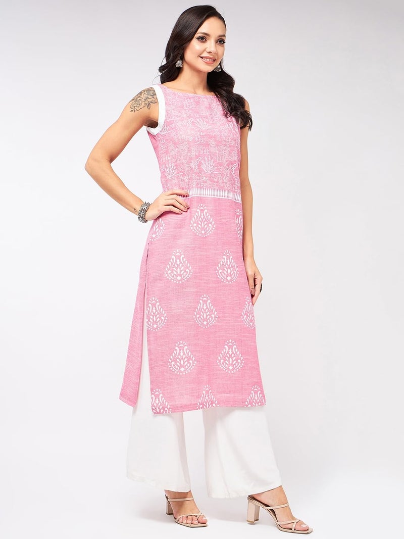 Pannkh Women's Sleeveless Printed Cotton Chambray Kurta Lightweight Ethnic Kurti for Summer Soft Fabric and Comfortable Fit - Image 3